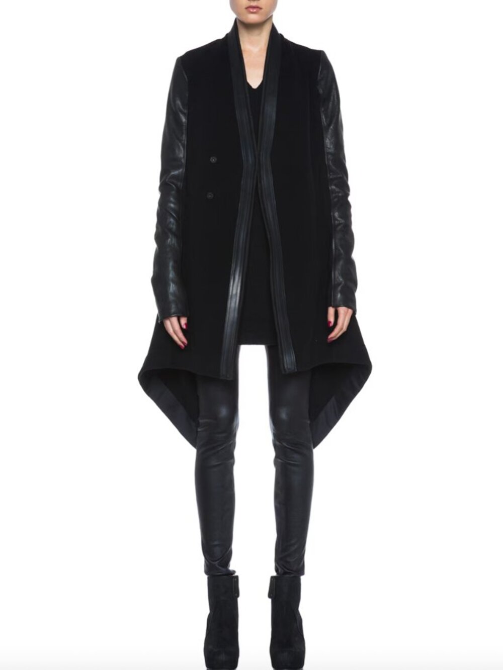$2300 Rick Owens Black Wool Leather Trim Midi Coat Jacket size 6/42